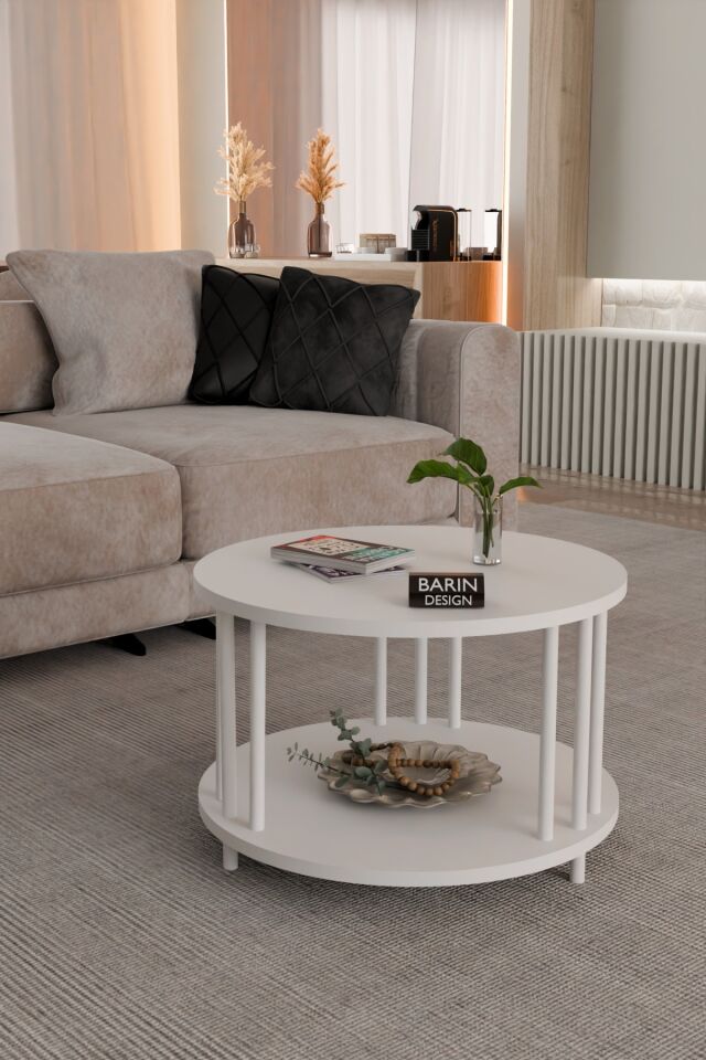 Modern Yuvarlak Orta Sehpa Çift Katlı Beyaz Metal Ayaklı Salon, Ofis, Dekoratif Masa