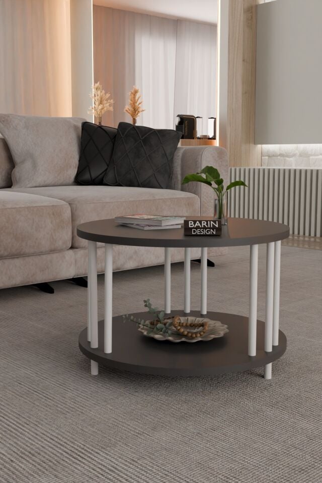 Modern Yuvarlak Orta Sehpa Çift Katlı Beyaz Metal Ayaklı Salon, Ofis, Dekoratif Masa