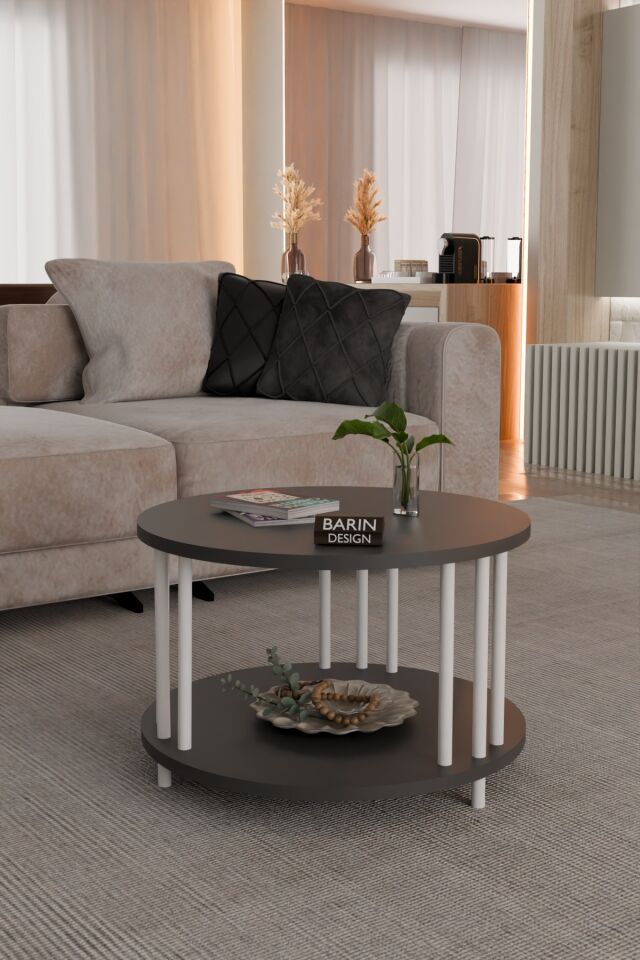 Modern Yuvarlak Orta Sehpa Çift Katlı Beyaz Metal Ayaklı Salon, Ofis, Dekoratif Masa