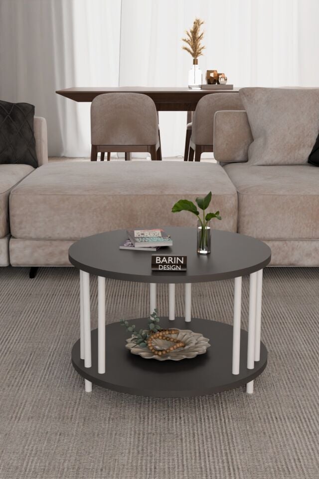 Barın Design Modern Yuvarlak Orta Sehpa Çift Katlı Beyaz Metal Ayaklı Salon, Ofis, Dekoratif Masa