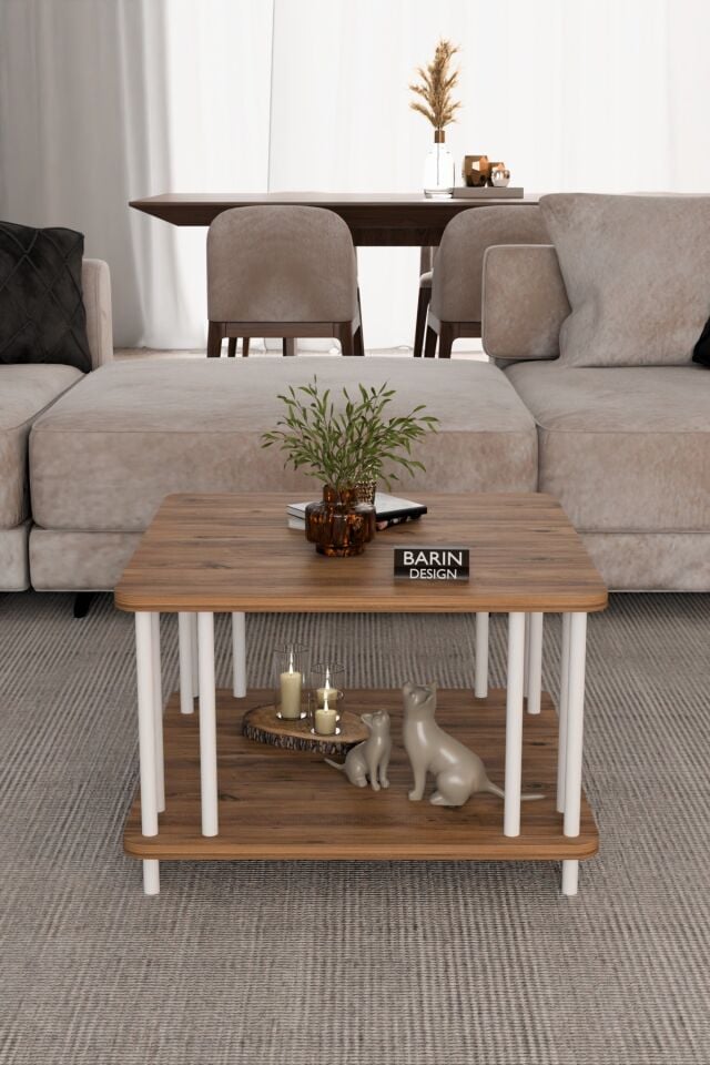 Modern Kare Orta Sehpa Çift Katlı Beyaz Metal Ayaklı Salon, Ofis, Dekoratif Masa