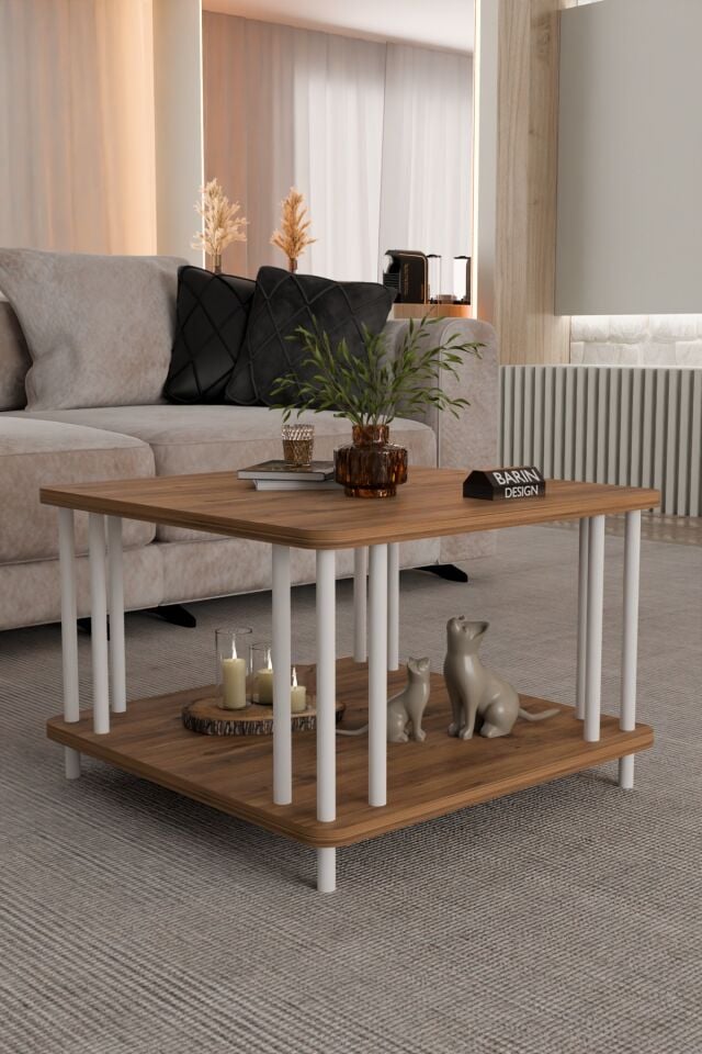 Modern Kare Orta Sehpa Çift Katlı Beyaz Metal Ayaklı Salon, Ofis, Dekoratif Masa