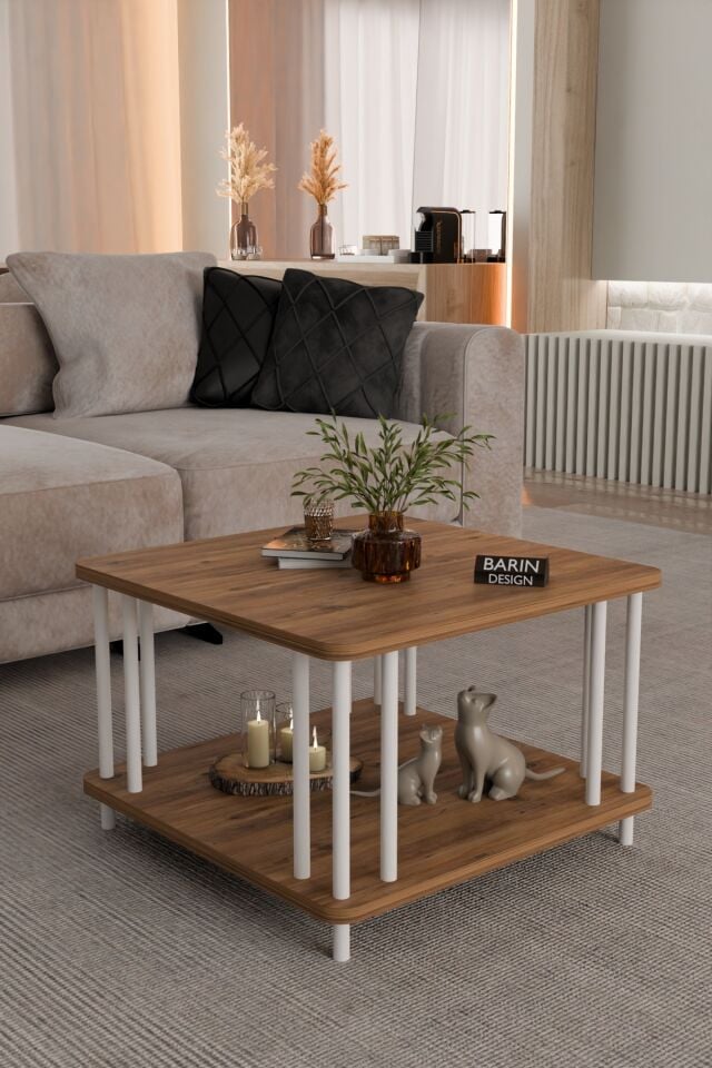 Modern Kare Orta Sehpa Çift Katlı Beyaz Metal Ayaklı Salon, Ofis, Dekoratif Masa