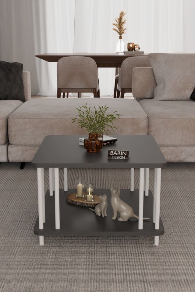 Modern Kare Orta Sehpa Çift Katlı Beyaz Metal Ayaklı Salon, Ofis, Dekoratif Masa