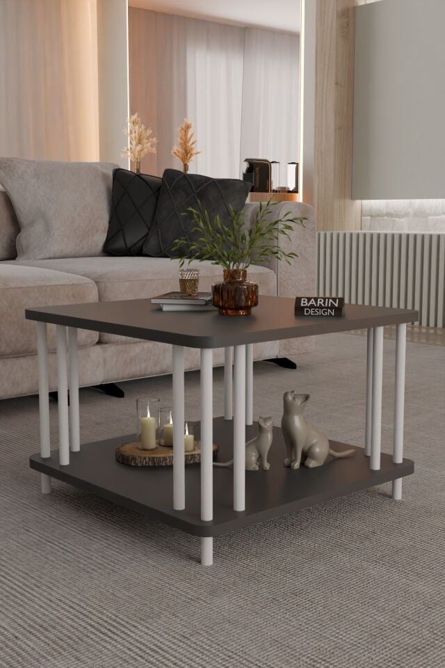 Modern Kare Orta Sehpa Çift Katlı Beyaz Metal Ayaklı Salon, Ofis, Dekoratif Masa