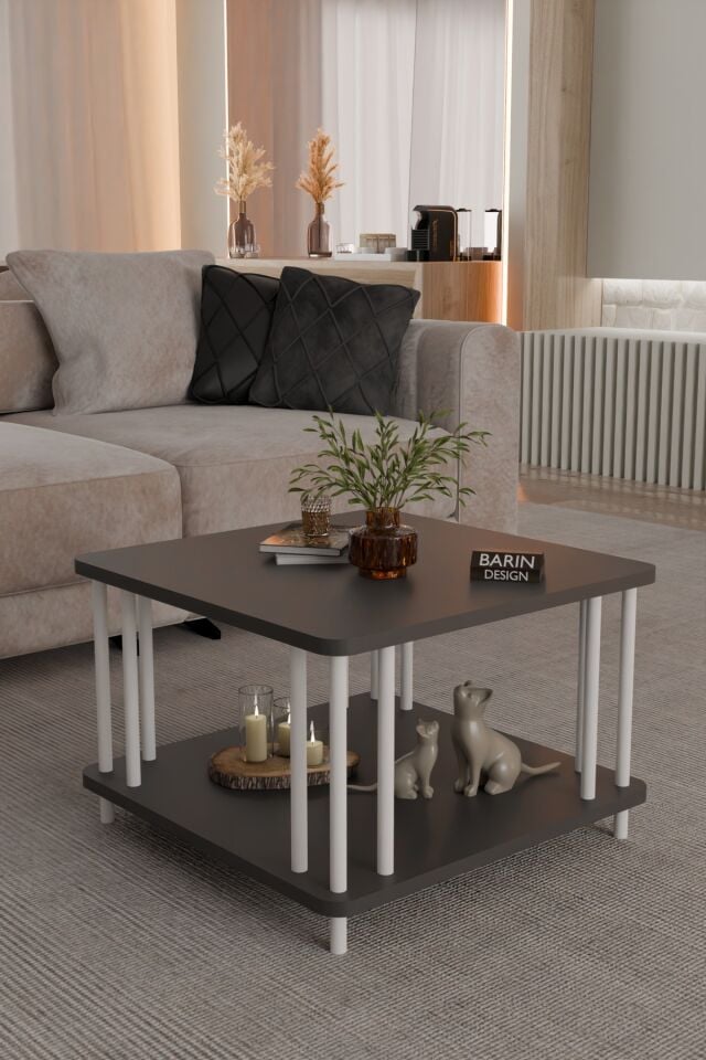 Modern Kare Orta Sehpa Çift Katlı Beyaz Metal Ayaklı Salon, Ofis, Dekoratif Masa