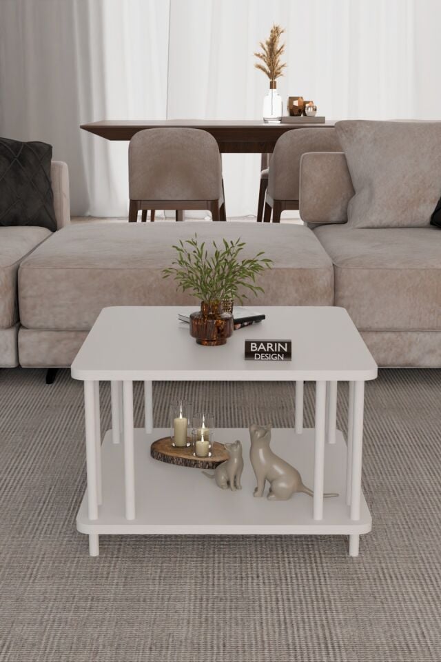 Modern Kare Orta Sehpa Çift Katlı Beyaz Metal Ayaklı Salon, Ofis, Dekoratif Masa