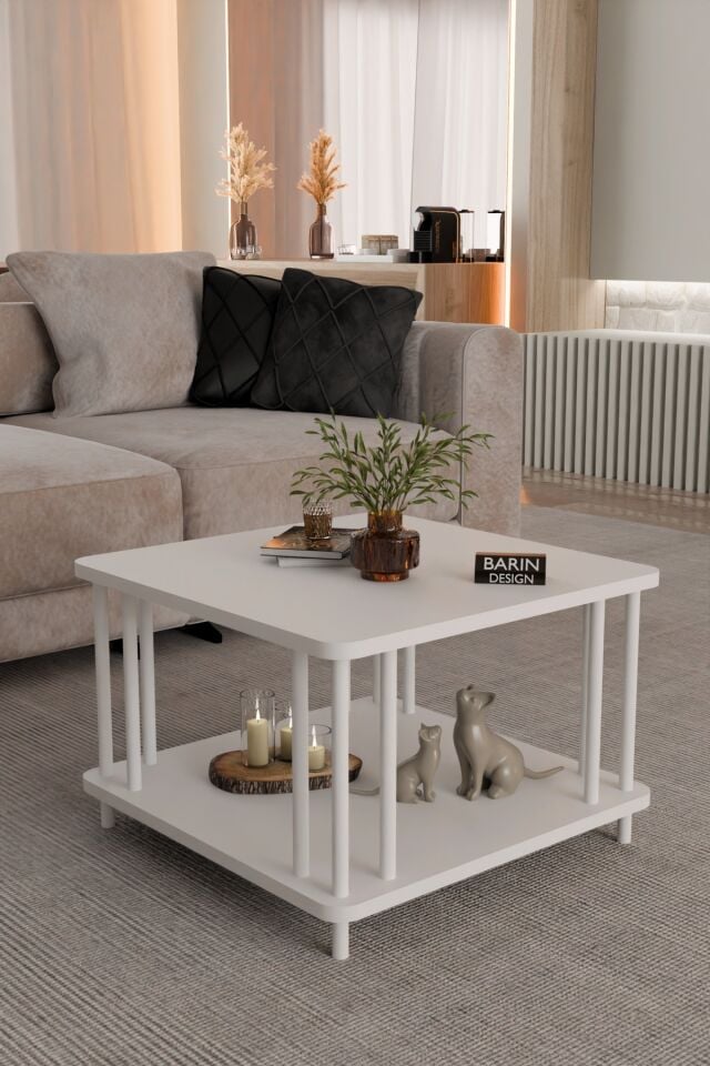 Modern Kare Orta Sehpa Çift Katlı Beyaz Metal Ayaklı Salon, Ofis, Dekoratif Masa