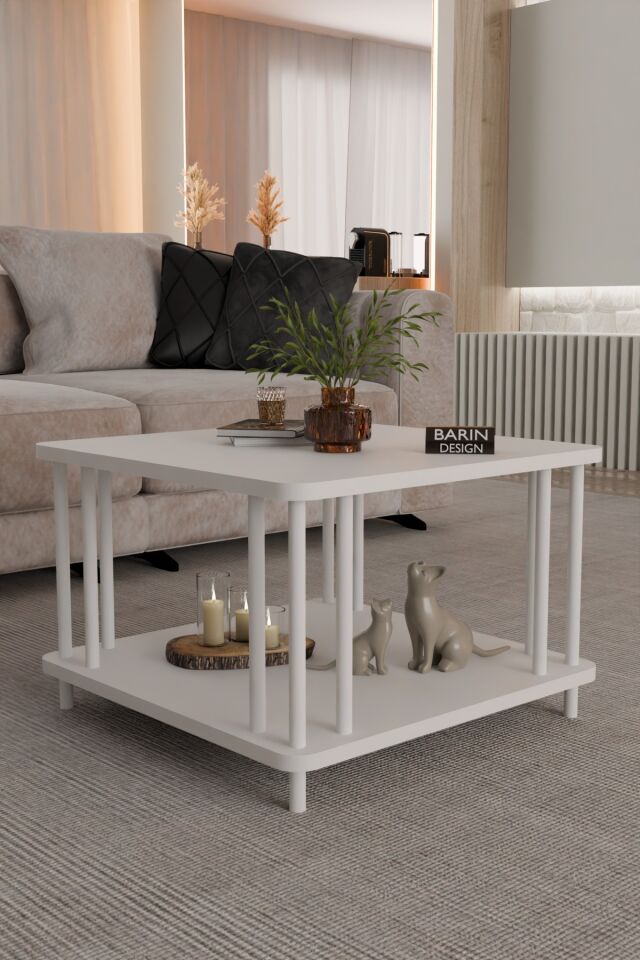 Modern Kare Orta Sehpa Çift Katlı Beyaz Metal Ayaklı Salon, Ofis, Dekoratif Masa