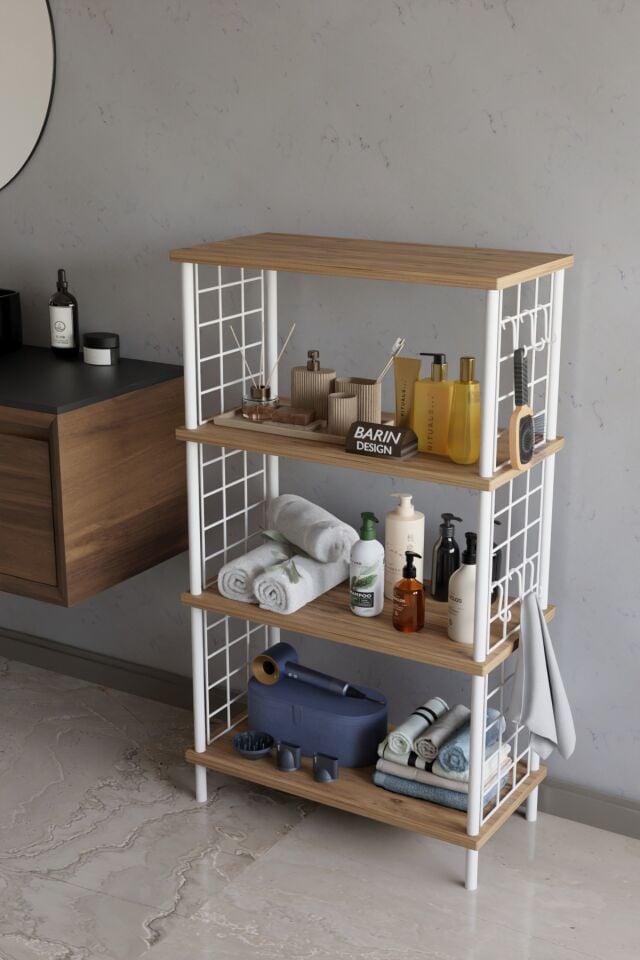 Barın Design 4 Katlı Çevir Kur Beyaz Metal Telli Banyo Rafı | Çok Amaçlı Düzenleyici, Organizer Stand Banyo Dolabı