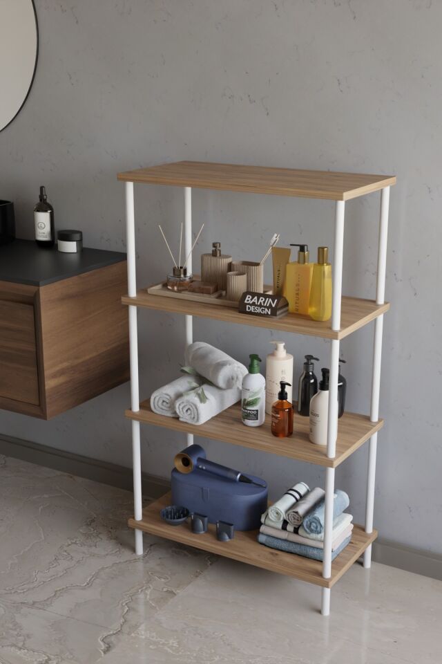 Barın Design 4 Katlı Çevir Kur Metal Gövdeli Banyo Rafı | Çok Amaçlı Düzenleyici | Organizer Stand Banyo Dolabı