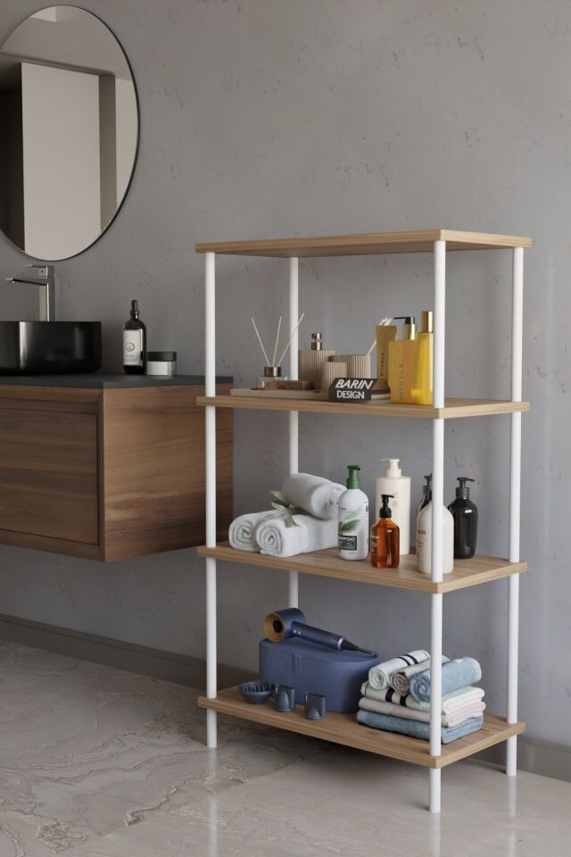 Barın Design 4 Katlı Çevir Kur Metal Gövdeli Banyo Rafı | Çok Amaçlı Düzenleyici | Organizer Stand Banyo Dolabı