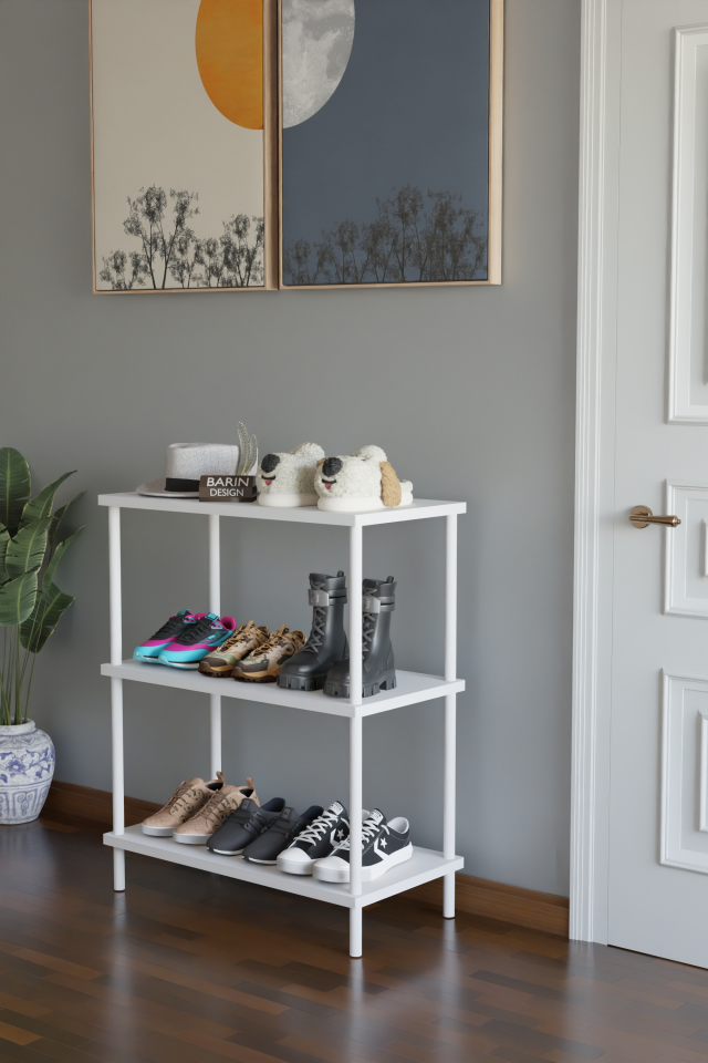 3 Raflı Çevir-Tak Beyaz Metal Gövdeli Çok Amaçlı Ayakkabılık ve Organizer Raf | Düzenleyici Raf Beyaz