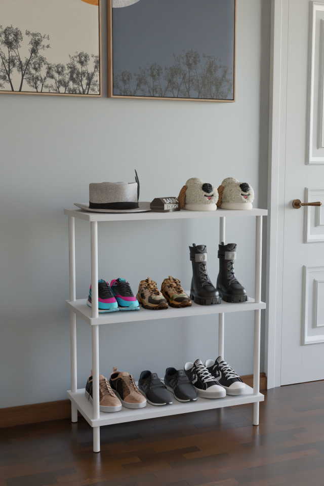 3 Raflı Çevir-Tak Beyaz Metal Gövdeli Çok Amaçlı Ayakkabılık ve Organizer Raf | Düzenleyici Raf Beyaz