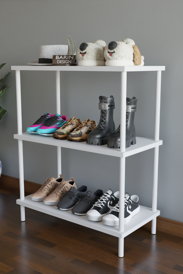 3 Raflı Çevir-Tak Beyaz Metal Gövdeli Çok Amaçlı Ayakkabılık ve Organizer Raf | Düzenleyici Raf Beyaz
