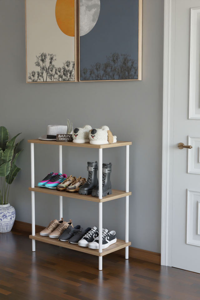 3 Raflı Çevir-Tak Beyaz Metal Gövdeli Çok Amaçlı Ayakkabılık ve Organizer Raf | Düzenleyici Raf Atlantik Çam
