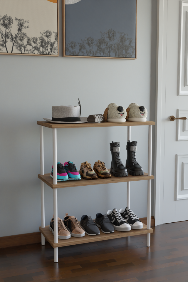 3 Raflı Çevir-Tak Beyaz Metal Gövdeli Çok Amaçlı Ayakkabılık ve Organizer Raf | Düzenleyici Raf Atlantik Çam
