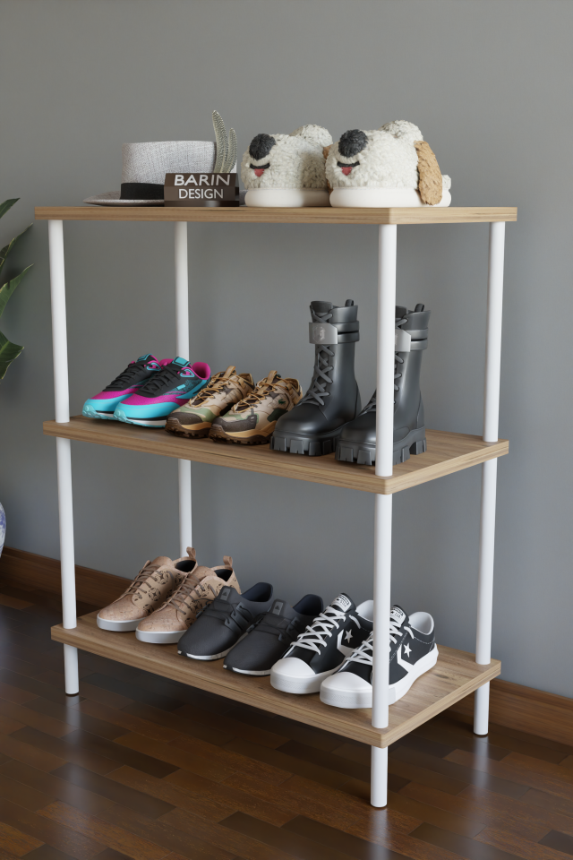 3 Raflı Çevir-Tak Beyaz Metal Gövdeli Çok Amaçlı Ayakkabılık ve Organizer Raf | Düzenleyici Raf Atlantik Çam