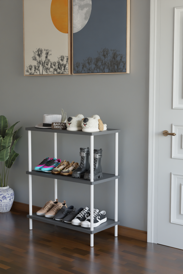 3 Raflı Çevir-Tak Beyaz Metal Gövdeli Çok Amaçlı Ayakkabılık ve Organizer Raf | Düzenleyici Raf Antrasit