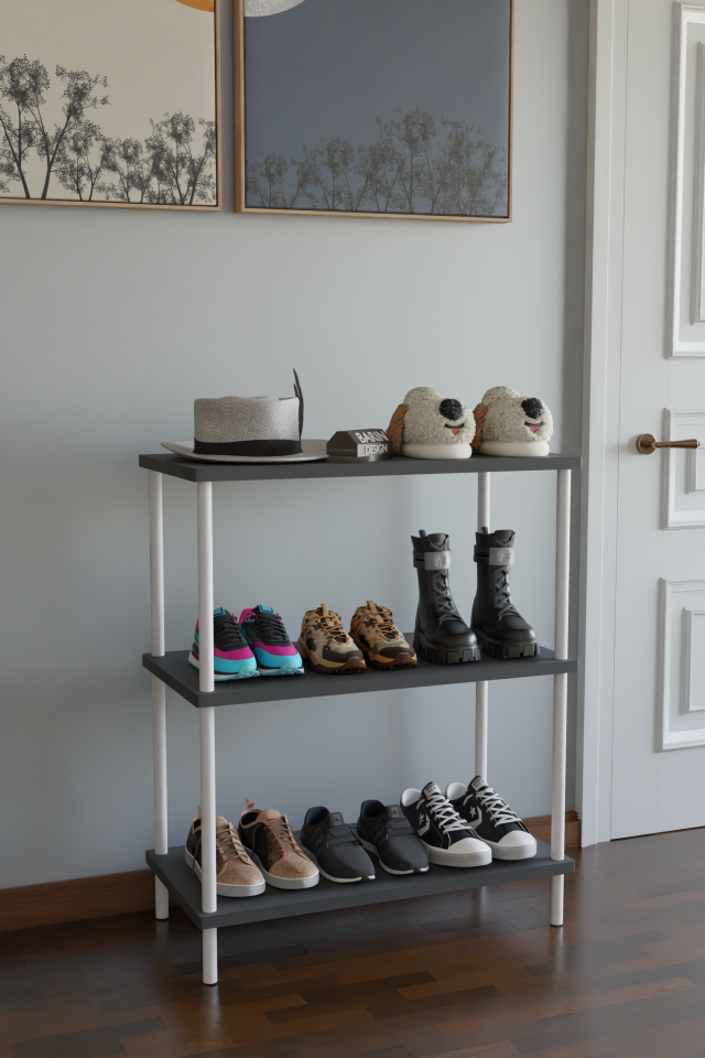 3 Raflı Çevir-Tak Beyaz Metal Gövdeli Çok Amaçlı Ayakkabılık ve Organizer Raf | Düzenleyici Raf Antrasit