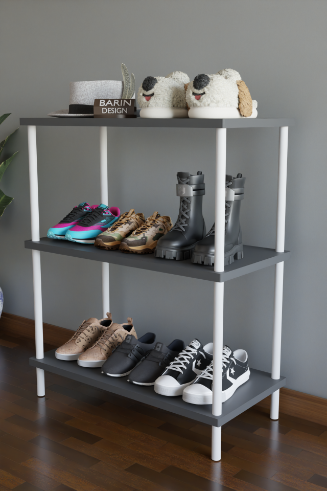 3 Raflı Çevir-Tak Beyaz Metal Gövdeli Çok Amaçlı Ayakkabılık ve Organizer Raf | Düzenleyici Raf Antrasit