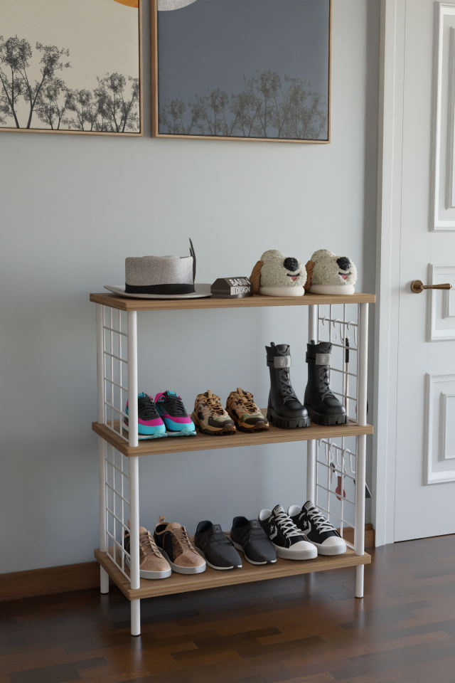 3 Raflı Çevir-Tak Beyaz Telli Metal Gövdeli Çok Amaçlı Ayakkabılık ve Organizer Raf Atlantik Çam