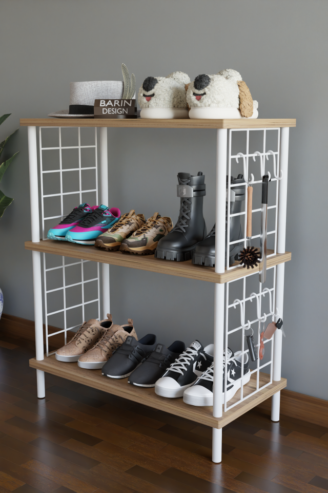 3 Raflı Çevir-Tak Beyaz Telli Metal Gövdeli Çok Amaçlı Ayakkabılık ve Organizer Raf Atlantik Çam