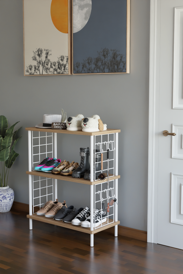 3 Raflı Çevir-Tak Beyaz Telli Metal Gövdeli Çok Amaçlı Ayakkabılık ve Organizer Raf Atlantik Çam