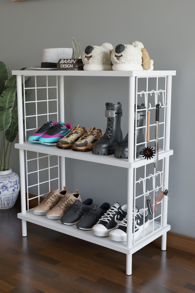 3 Raflı Çevir-Tak Beyaz Telli Metal Gövdeli Çok Amaçlı Ayakkabılık ve Organizer Raf Beyaz