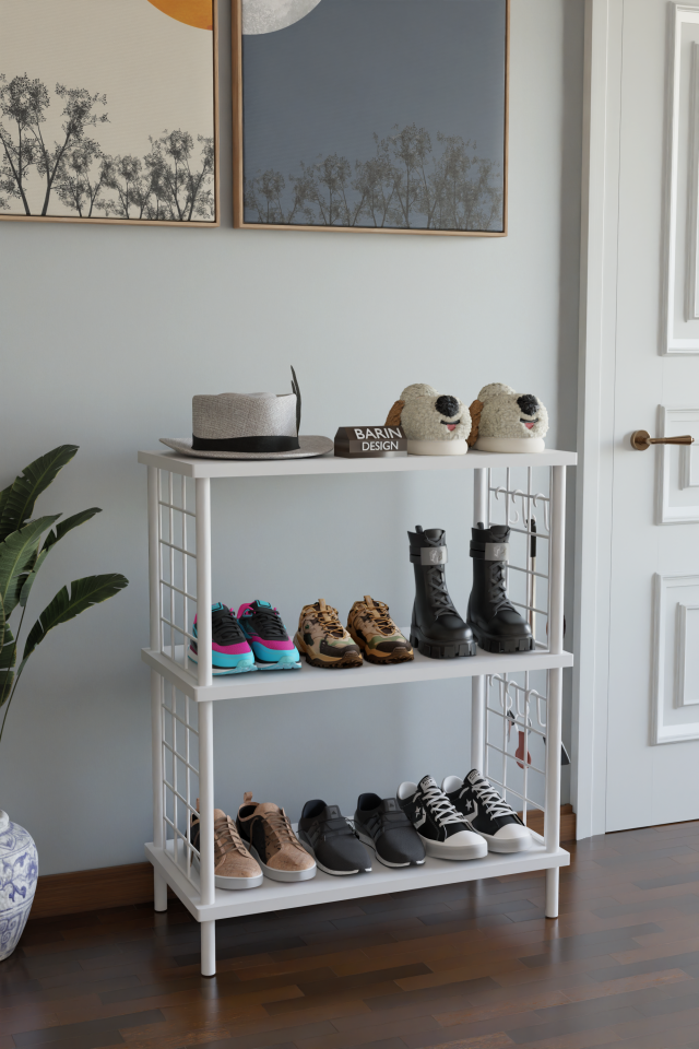 3 Raflı Çevir-Tak Beyaz Telli Metal Gövdeli Çok Amaçlı Ayakkabılık ve Organizer Raf Beyaz