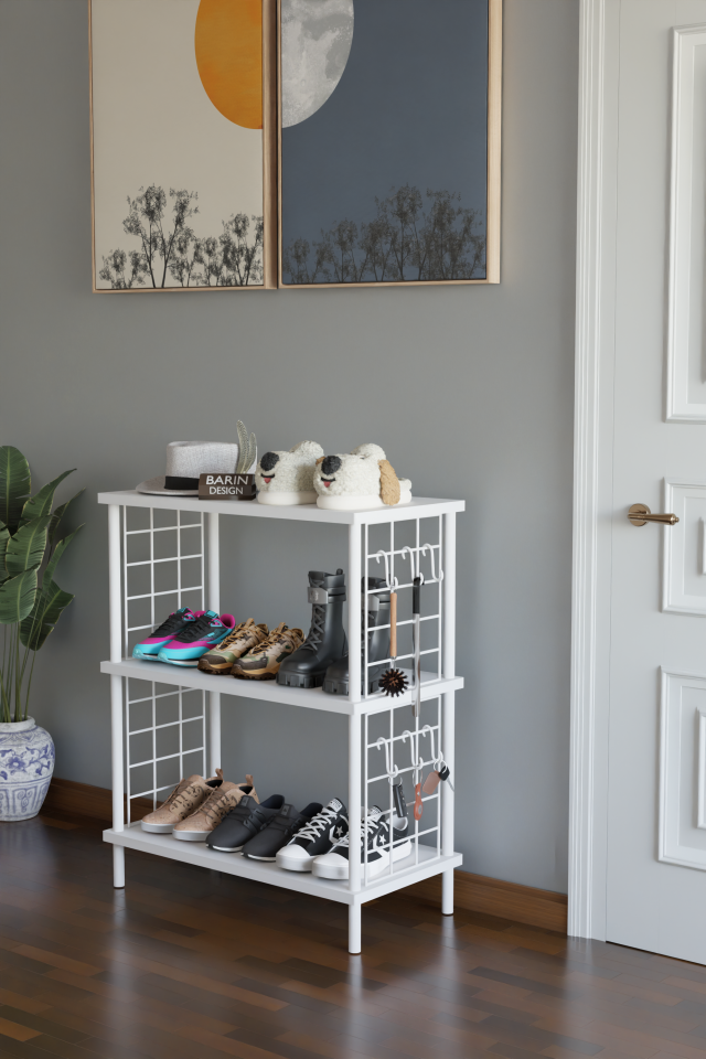 3 Raflı Çevir-Tak Beyaz Telli Metal Gövdeli Çok Amaçlı Ayakkabılık ve Organizer Raf Beyaz