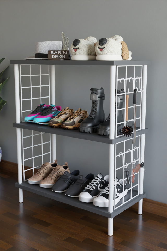 3 Raflı Çevir-Tak Beyaz Telli Metal Gövdeli Çok Amaçlı Ayakkabılık ve Organizer Raf Antrasit