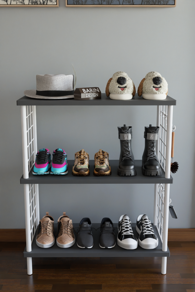 3 Raflı Çevir-Tak Beyaz Telli Metal Gövdeli Çok Amaçlı Ayakkabılık ve Organizer Raf Antrasit