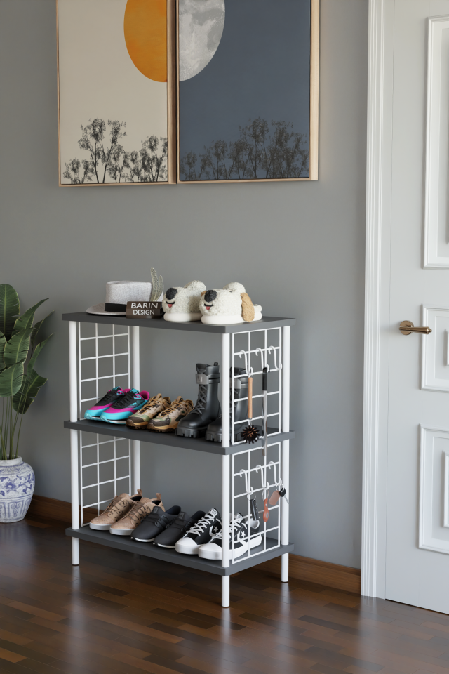 3 Raflı Çevir-Tak Beyaz Telli Metal Gövdeli Çok Amaçlı Ayakkabılık ve Organizer Raf Antrasit