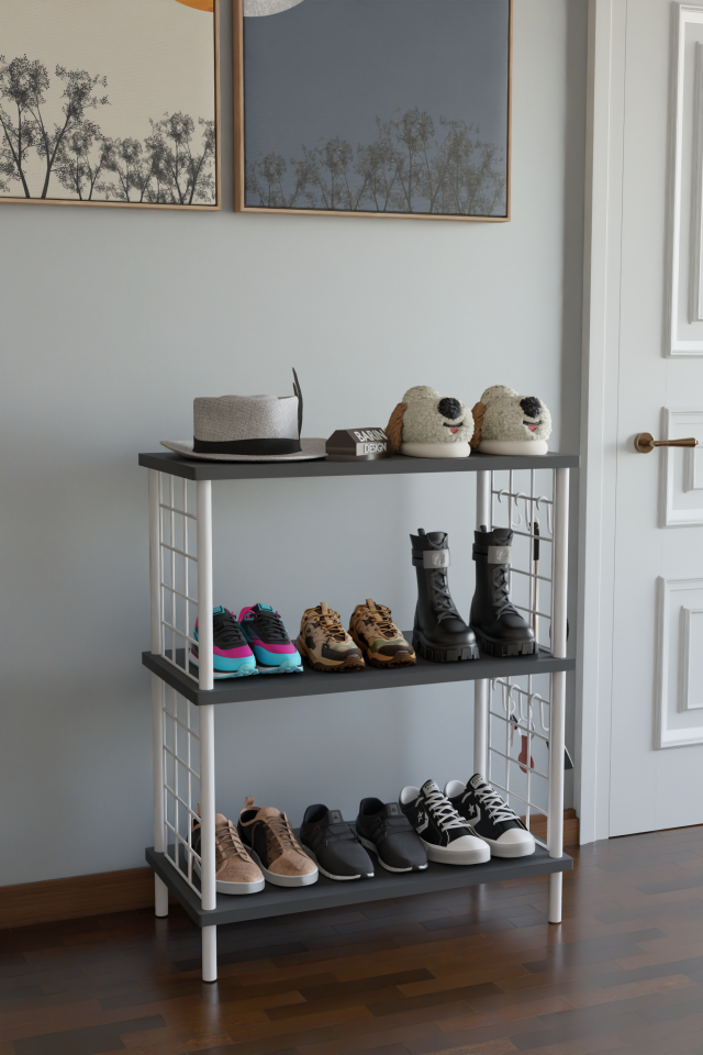 3 Raflı Çevir-Tak Beyaz Telli Metal Gövdeli Çok Amaçlı Ayakkabılık ve Organizer Raf Antrasit
