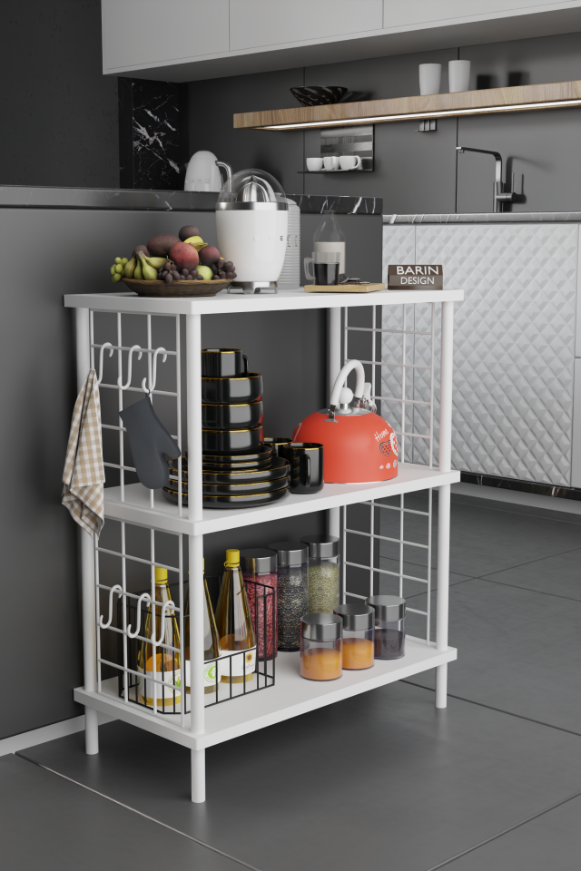 3 Raflı Çevir-Tak Beyaz Telli Metal Gövdeli Çok Amaçlı Mutfak Rafı ve Organizer Raf Beyaz