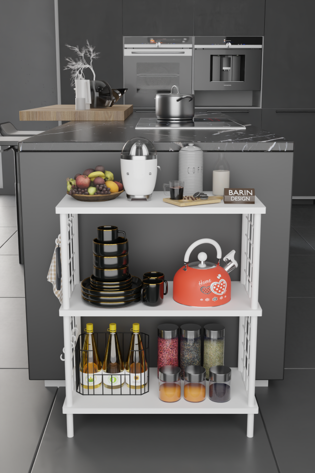 3 Raflı Çevir-Tak Beyaz Telli Metal Gövdeli Çok Amaçlı Mutfak Rafı ve Organizer Raf Beyaz