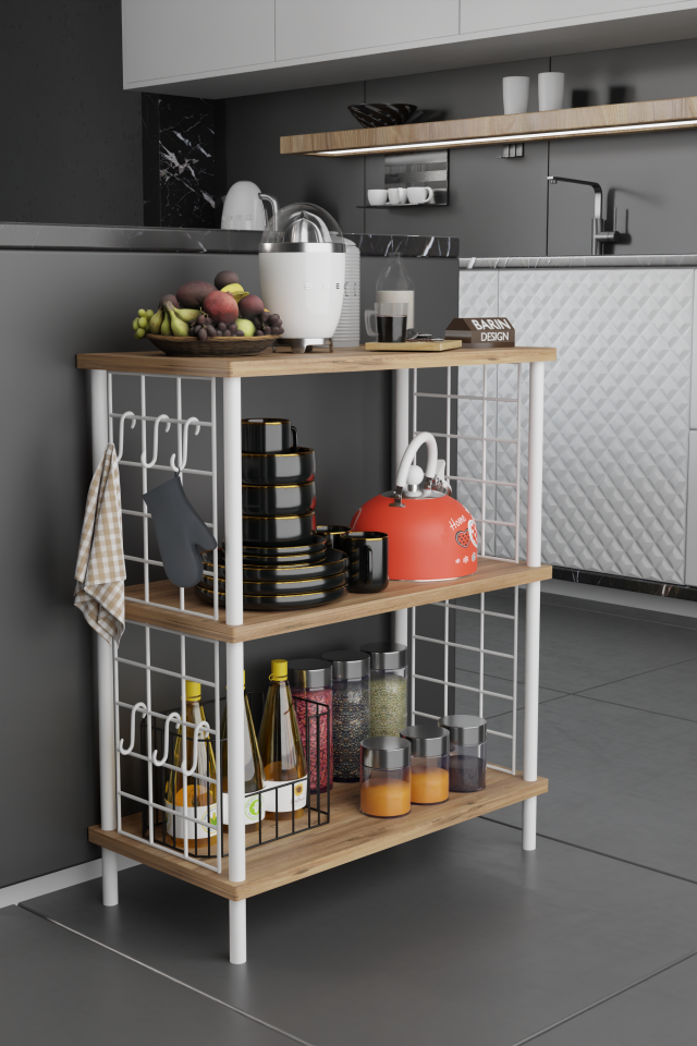 3 Raflı Çevir-Tak Beyaz Telli Metal Gövdeli Çok Amaçlı Mutfak Rafı ve Organizer Raf Atlantik Çam