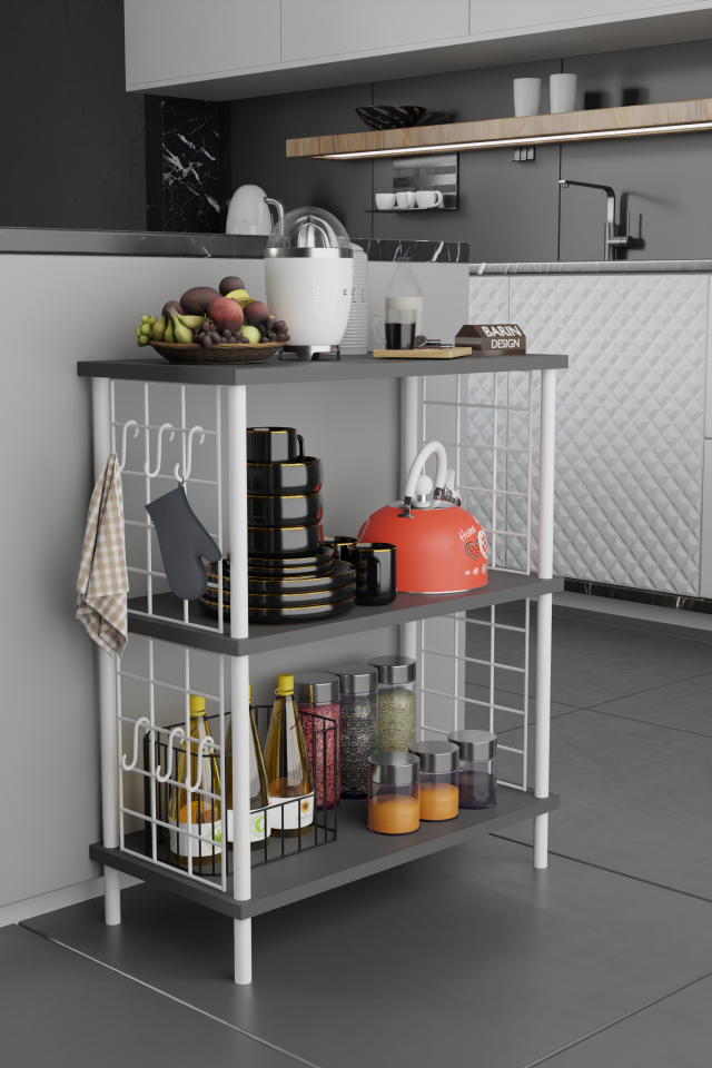 Barın Design 3 Raflı Çevir-Tak Beyaz Telli Metal Gövdeli Çok Amaçlı Mutfak Rafı ve Organizer Raf Atlantik Çam