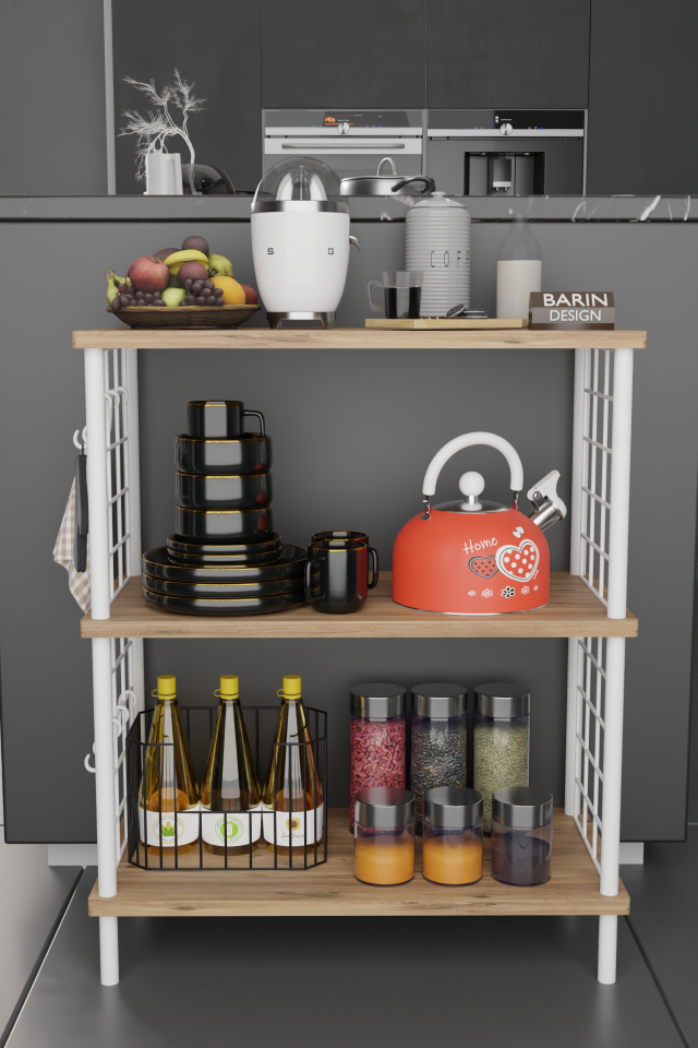 Barın Design 3 Raflı Çevir-Tak Beyaz Telli Metal Gövdeli Çok Amaçlı Mutfak Rafı ve Organizer Raf Atlantik Çam