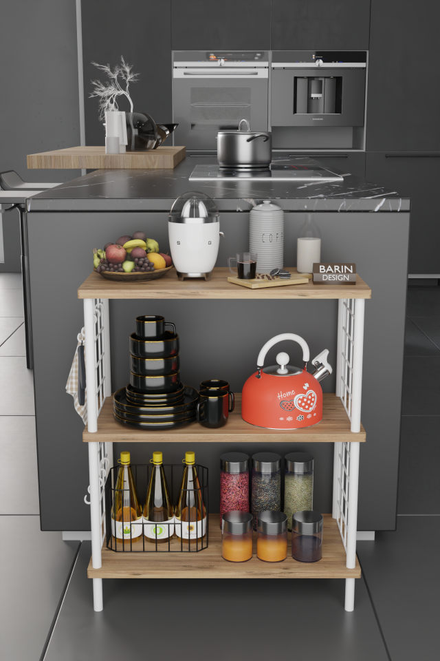 3 Raflı Çevir-Tak Beyaz Telli Metal Gövdeli Çok Amaçlı Mutfak Rafı ve Organizer Raf Atlantik Çam