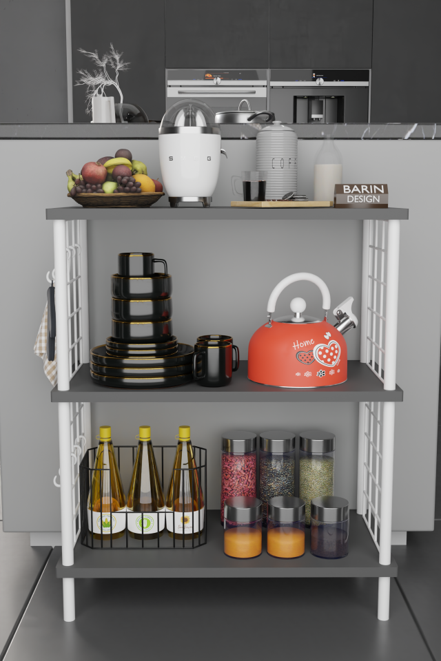 3 Raflı Çevir-Tak Beyaz Telli Metal Gövdeli Çok Amaçlı Mutfak Rafı ve Organizer Raf Antrasit
