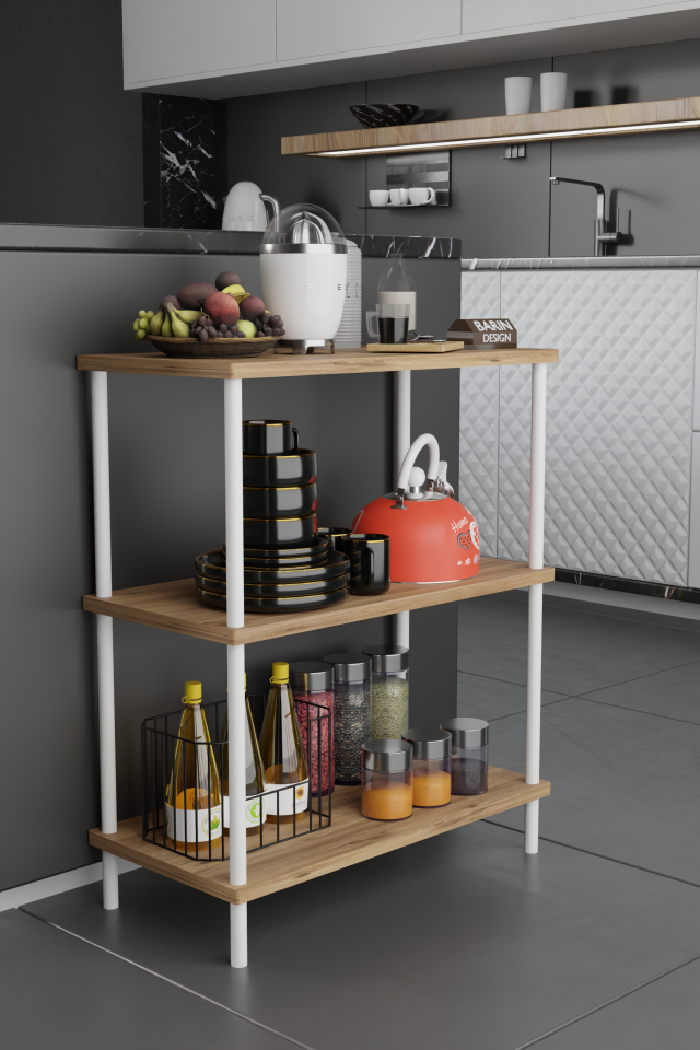 3 Raflı Çevir-Tak Beyaz Metal Gövdeli Çok Amaçlı Mutfak Rafı ve Organizer Raf Düzenleyici Raf  Atlantik Çam