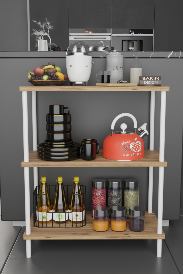 3 Raflı Çevir-Tak Beyaz Metal Gövdeli Çok Amaçlı Mutfak Rafı ve Organizer Raf Düzenleyici Raf  Atlantik Çam
