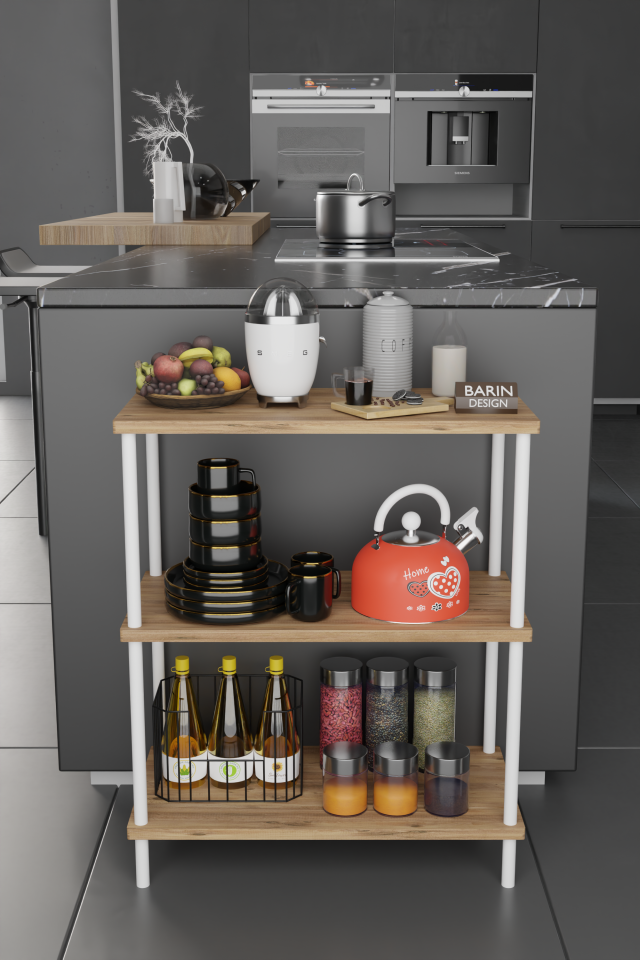 3 Raflı Çevir-Tak Beyaz Metal Gövdeli Çok Amaçlı Mutfak Rafı ve Organizer Raf Düzenleyici Raf  Atlantik Çam