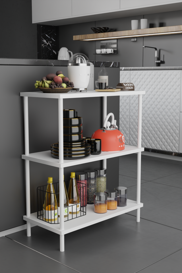 3 Raflı Çevir-Tak Beyaz Metal Gövdeli Çok Amaçlı Mutfak Rafı ve Organizer Raf Düzenleyici Raf Beyaz