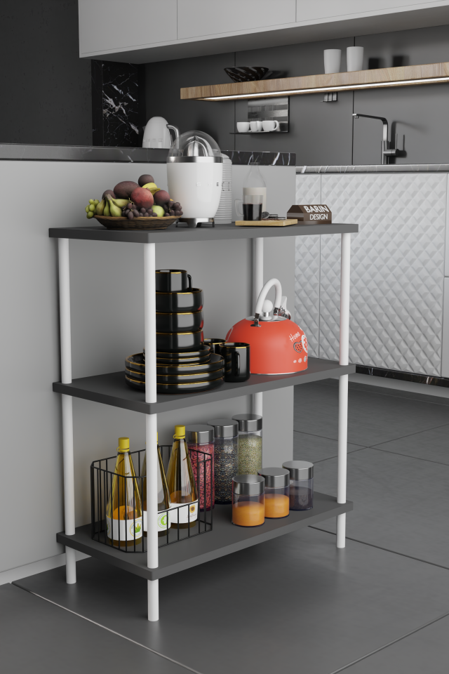 3 Raflı Çevir-Tak Beyaz Metal Gövdeli Çok Amaçlı Mutfak Rafı ve Organizer Raf Düzenleyici Raf Antrasit