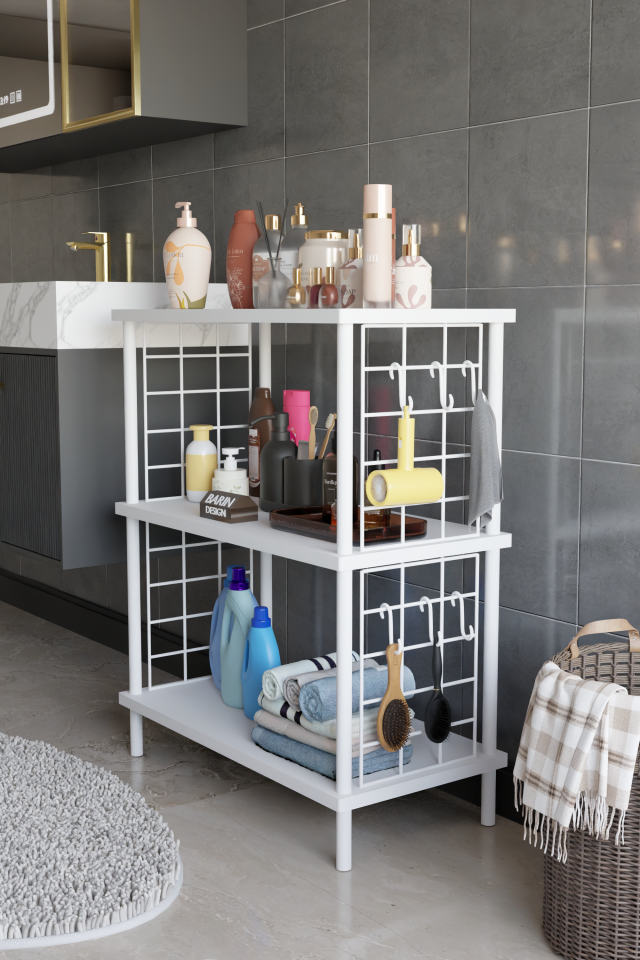3 Raflı Çevir Tak Beyaz Telli Metal Gövdeli Çok Amaçlı Banyo Rafı ve Organizer Raf Banyo Dolabı Beyaz