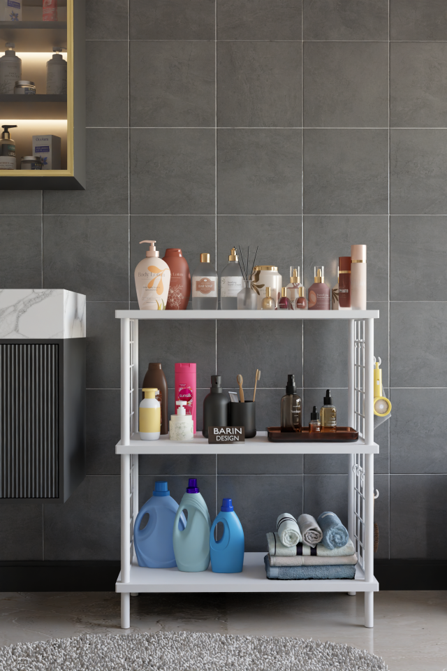 3 Raflı Çevir Tak Beyaz Telli Metal Gövdeli Çok Amaçlı Banyo Rafı ve Organizer Raf Banyo Dolabı Beyaz