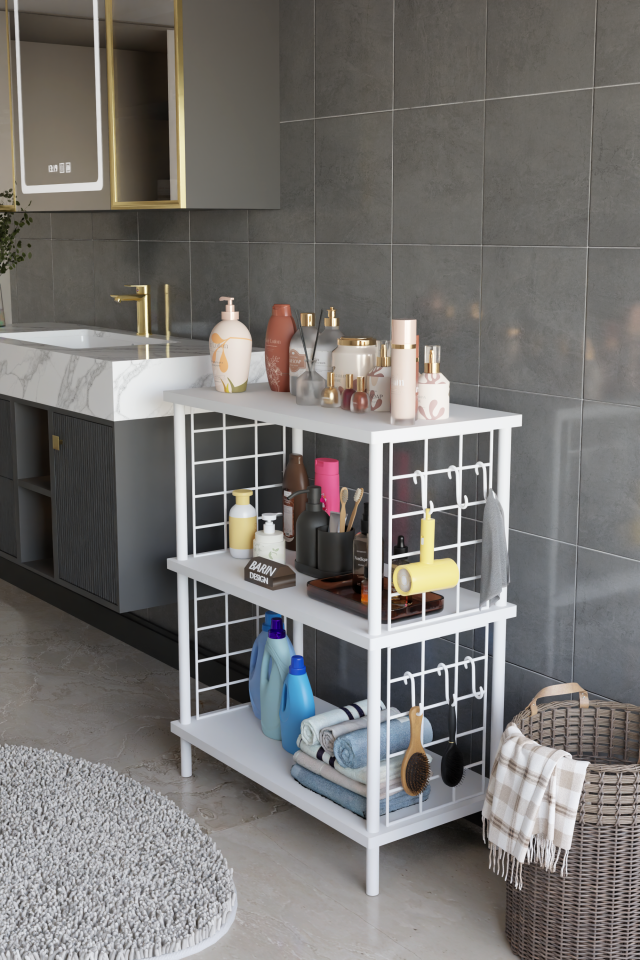 3 Raflı Çevir Tak Beyaz Telli Metal Gövdeli Çok Amaçlı Banyo Rafı ve Organizer Raf Banyo Dolabı Beyaz